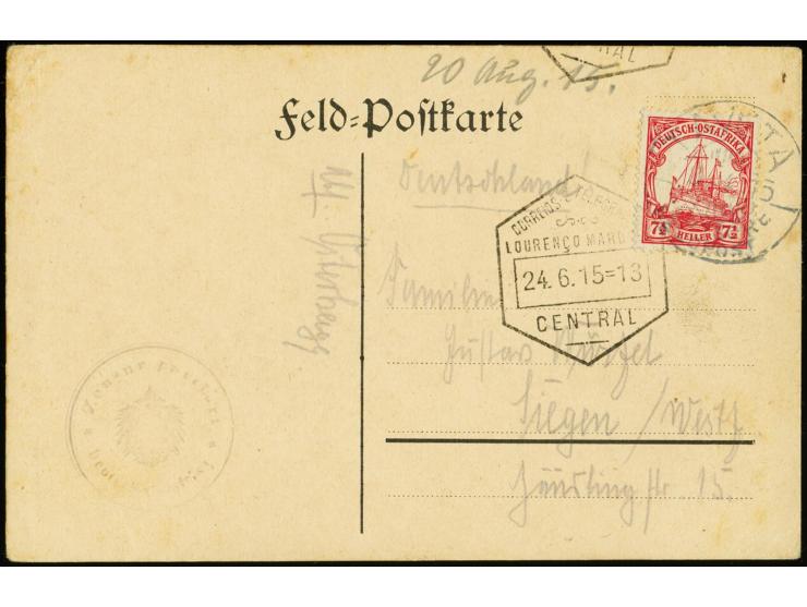 7. Postabgang: 1915, 8.4., Kaiseryacht 7 1/2 H. mit Stempel "TAVETA DEUTSCHE FELDOST 8.4.15" auf Feldpost-Vordruckkarte mit G