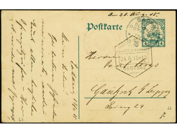 7. Postabgang: 1915, 12.4., Ganzsachenkarte 4 H. gebraucht von "SADANI DOA 12.4.15" mit violettem Zensur-Stempel "Zensur pass