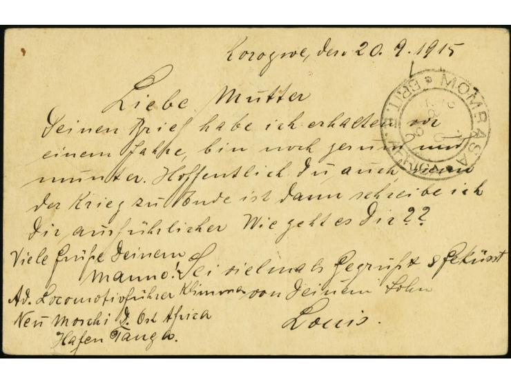 Späte Postannahme: 1915, 21.9., Ganzsachenkarte 4 H. gebraucht von "TANGA 21.9.15" (datierung Korogwe 20.9.) mit rotem Zensur