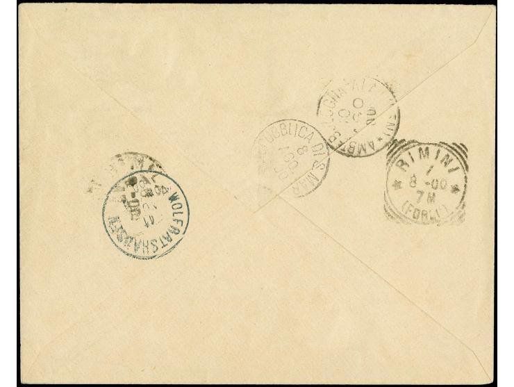 1897, 20 Pfg. violettultramarin mit vier weiteren Werten auf überfrankiertem R-Brief von "KARIBIB DSWA 4.7.00" via Rimini nac