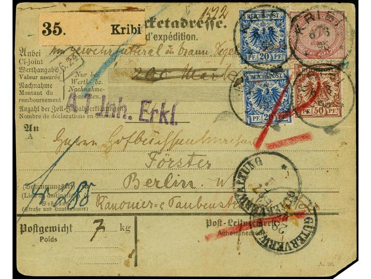 2 M. dunkelrotkarmin in Mischfrankatur mit Krone/Adler 50 Pfg. lebhaftrötlichbraun und zwei Einzelwerten 20 Pfg. blau je mit 
