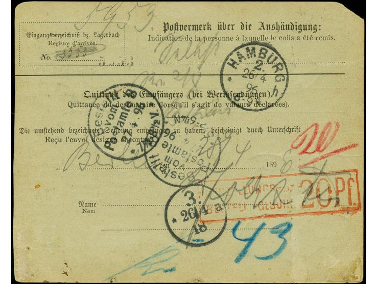 2 M. dunkelrotkarmin in Mischfrankatur mit Krone/Adler 50 Pfg. lebhaftrötlichbraun und zwei Einzelwerten 20 Pfg. blau je mit 