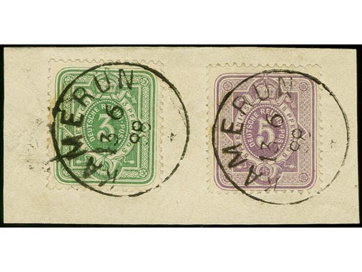 3 Pfg. gelblichgrün und 5 Pfg. violettpurpur, je mit klarem Stempel "KAMERUN 13.6.88" auf Briefstück, 5 Pfg. Wert rechts oben