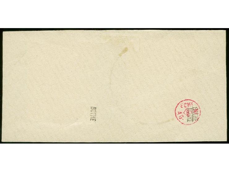 3 Pfg. gelblichgrün und 5 Pfg. violettpurpur, je mit klarem Stempel "KAMERUN 13.6.88" auf Briefstück, 5 Pfg. Wert rechts oben