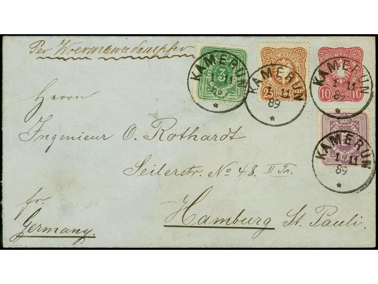 25 Pfg. orangebraun, 5 Pfg. violettpurpur und 3 Pfg. gelblichgrün als Zufrankatur auf Ganzsachen-Umschlag 10 Pfg. von "KAMERU
