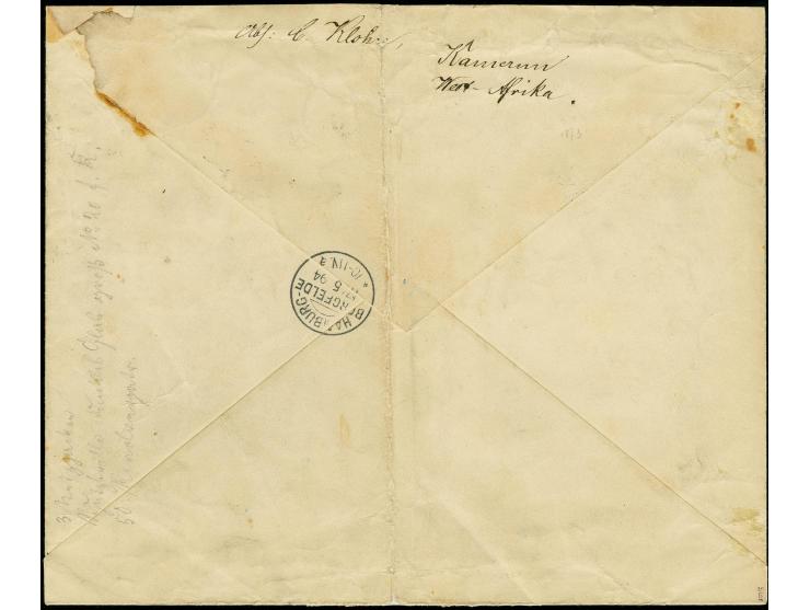 25 Pfg. gelblichorange, 10 Pfg. lebhaftrosarot und 5 Pfg. opalgrün, jeweils zwei Einzelwerte mit klarem Stempel "KAMERUN 10.4