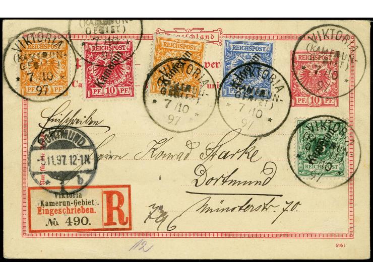1897/99, Aufdruck-Ausgabe 5-20 Pfg. und Krone/Adler 25 Pfg. orange als Zufrankatur auf Krone/Adler Ganzsachenkarte 10 Pfg. al