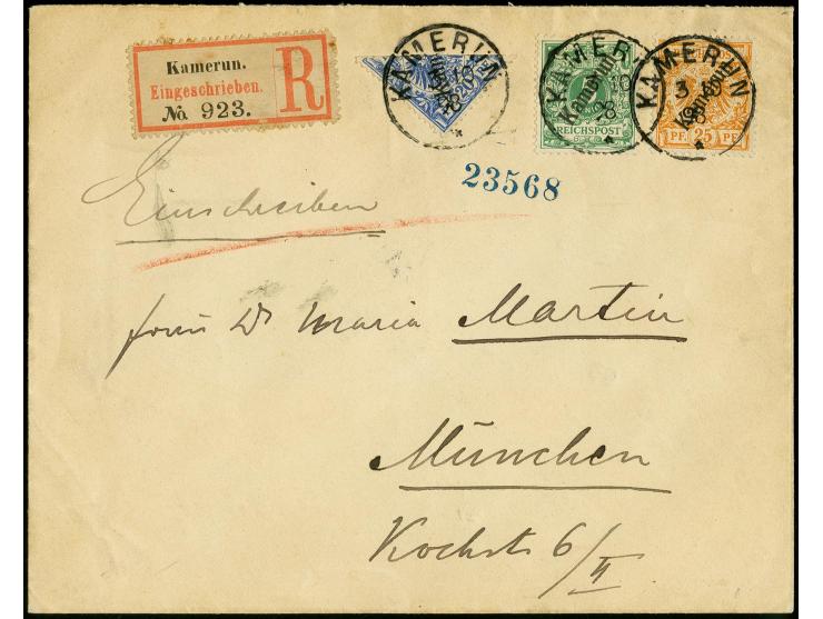 1897/99, 20 Pfg. diagonal halbiert, linke untere Hälfte zusammen mit  25 Pfg. und 5 Pfg. als portogerechte Frankatur auf R-Br