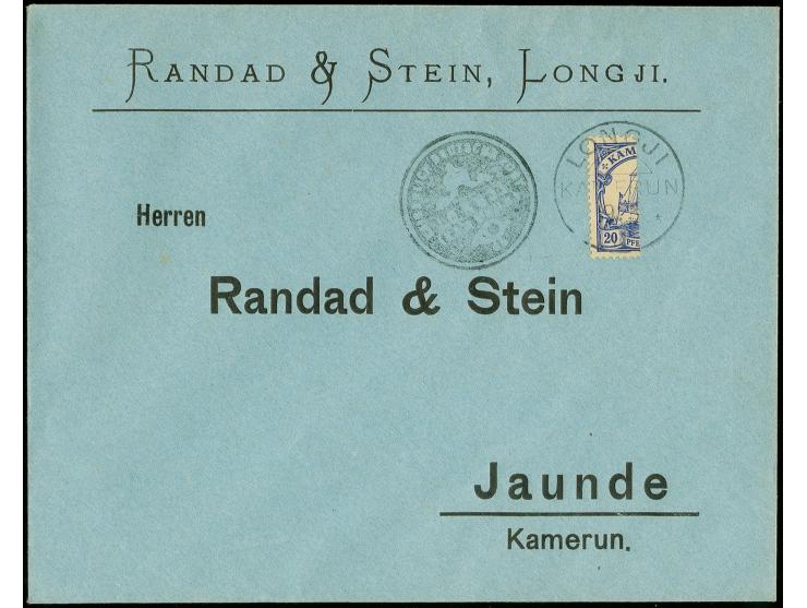 20 Pfg. senkrecht halbiert, linke Hälfte mit sauber aufgesetztem Stempel "LONGJI 19.5 11" auf Vordruck-Brief nach Jaunde; seh