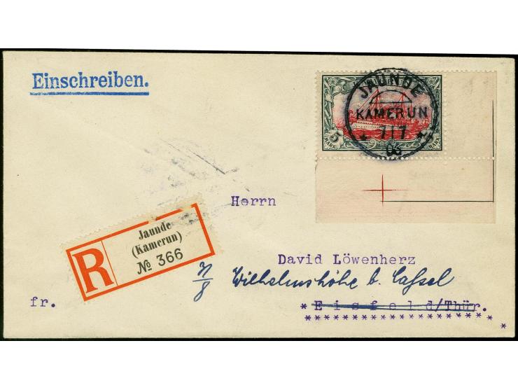 5 M. aus der rechten unteren Bogenecke mit Stempel "JAUNDE 7.7.06" auf überfrankiertem R-Brief nach Eisfeld mit Ankunftsstemp