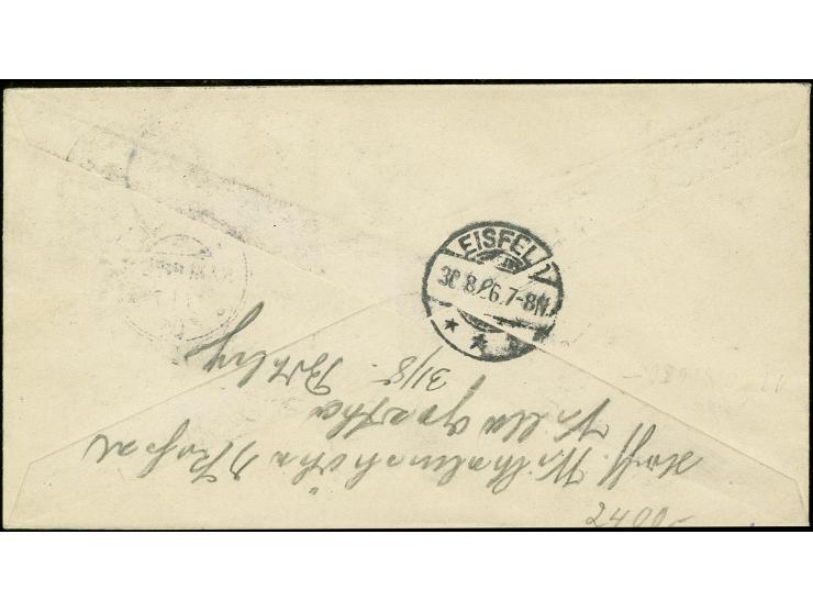 5 M. aus der rechten unteren Bogenecke mit Stempel "JAUNDE 7.7.06" auf überfrankiertem R-Brief nach Eisfeld mit Ankunftsstemp