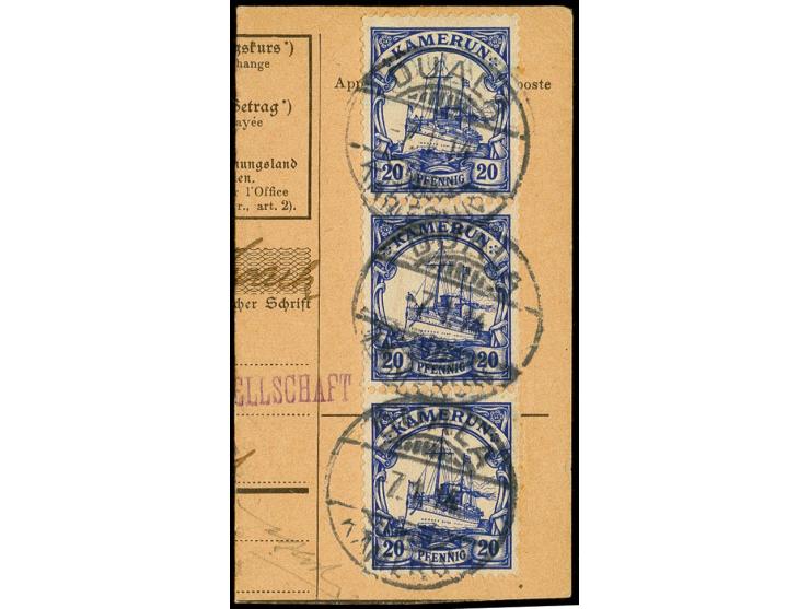 mit Waserzeichen: 1905/19, Kaiseryacht 20 Pfg. im senkrechten 3er-Streifen je mit Stempel "DUALA KAMERUN 7.1.14" auf Postanwe