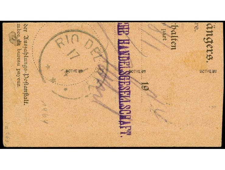 mit Waserzeichen: 1905/19, Kaiseryacht 20 Pfg. im senkrechten 3er-Streifen je mit Stempel "DUALA KAMERUN 7.1.14" auf Postanwe