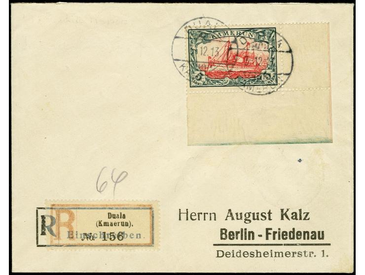 5 M. aus der rechten unteren Bogenecke mit Stempel "DUALA KAMERUN 3.12.13" auf überfrankiertem R-Brief nach Berlin mit Ankunf