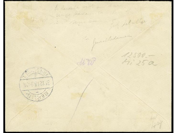5 M. aus der rechten unteren Bogenecke mit Stempel "DUALA KAMERUN 3.12.13" auf überfrankiertem R-Brief nach Berlin mit Ankunf