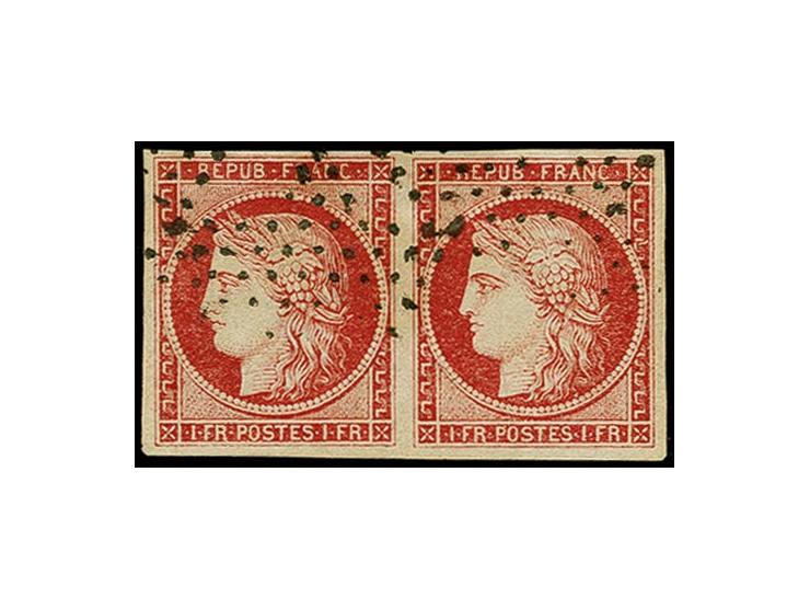 1 fr. carmine, Sperati forgery type E, horizontal pair, used, BPA signature, fine