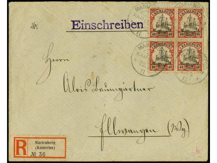 "MARIENBERG KAMERUN 22.9.11", vier recht klare Abschläge auf Viererblock Kaiseryacht 40 Pfg. auf R-Brief nach Ellwangen, Würt