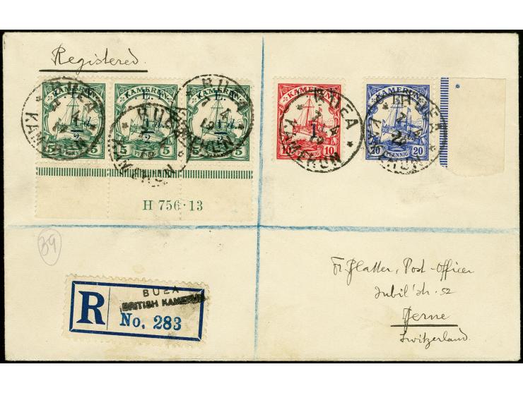 1/2 d. auf 5 Pfg., waagerechter Unterrand-3er-Streifen mit HAN "H 756.13", 1 d. auf 10 Pfg. mit blauem Aufdruck und 2 d auf 2