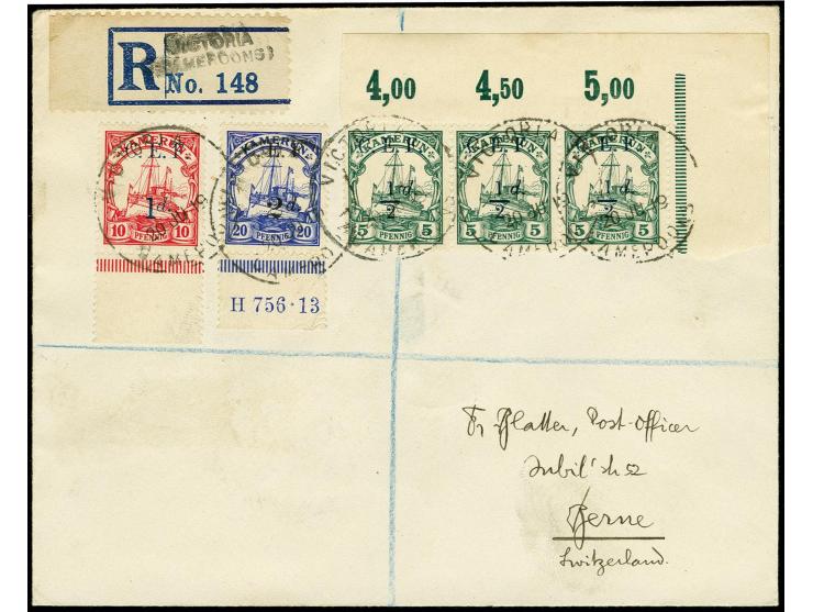 1915, 2 d. auf 20 Pfg., Unterrandstück mit HAN 756.13, Unterrandstück 1 d. auf 10 Pfg. mit blauem Aufdruck und waagerechter 3