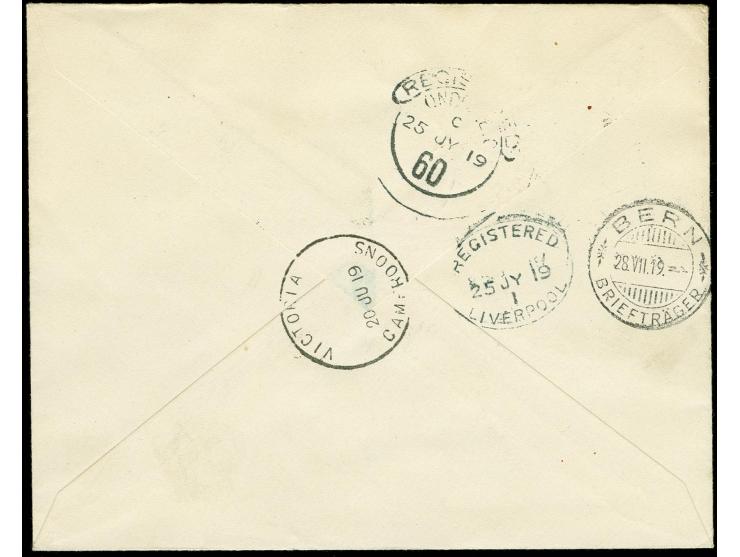 1915, 2 d. auf 20 Pfg., Unterrandstück mit HAN 756.13, Unterrandstück 1 d. auf 10 Pfg. mit blauem Aufdruck und waagerechter 3