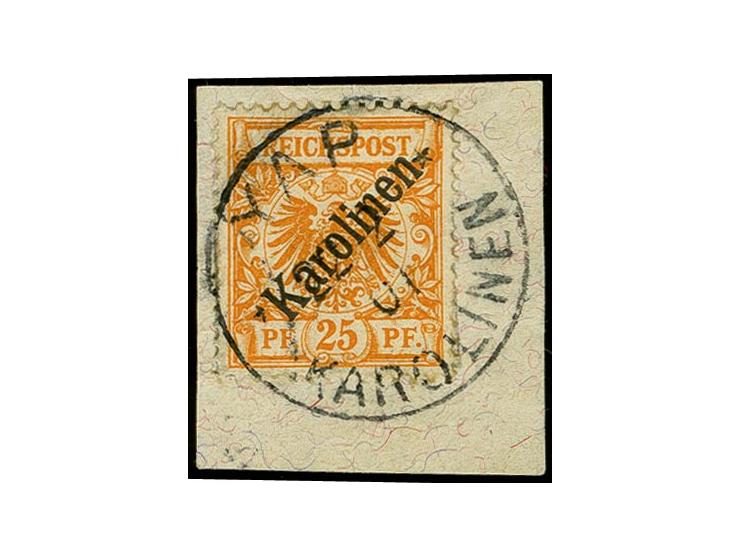 25 Pfg. mit Stempel "YAP KAROLINEN 22.2.01" auf Briefstück, etwas gummifleckig, sonst einwandfrei, Pracht, sign. Friedemann u