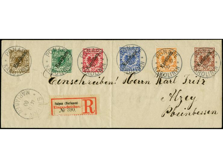 1899, Diagonalaufdruck 50 Pfg. und 20 Pfg mit Zufrankatur steiler Aufdruck 3 Pfg., 5 Pfg., 10 Pfg. und 25 Pfg. auf R-Brief vo
