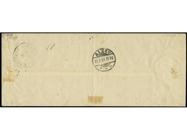1899, Diagonalaufdruck 50 Pfg. und 20 Pfg mit Zufrankatur steiler Aufdruck 3 Pfg., 5 Pfg., 10 Pfg. und 25 Pfg. auf R-Brief vo