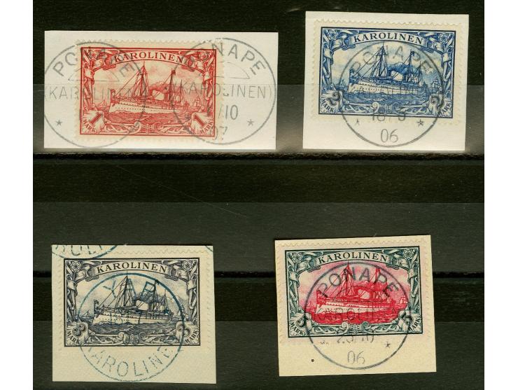 1900/1910, Kaiseryacht 1-5 M. je mit sehr klaren Stempel-Abschlägen von Ponape bzw. Yap auf 4 Briefstücken, Kabinett, sign. u