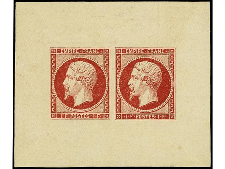 1853, Napoléon 1fr. carmine, Sperati forgery as pair in block format, tiny crease in the margin, otherwise fine