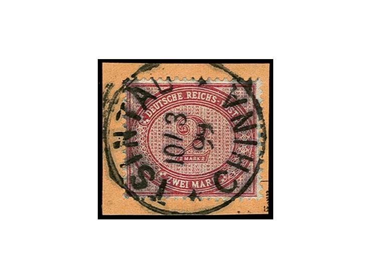 2 M. dunkelrotkarmin mit klarem Stempel "TSINTAU CHINA ** 10.3.99" auf Postanweisungs-Briefstück, Kabinett, sign. Bothe BPP u