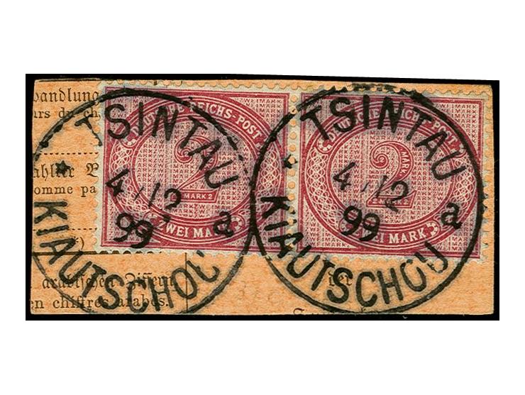 2 M. dunkelrotkarmin im waagerechten Paar, jeder Wert mit klarem Stempel "TSINTAU KIAUTSCHOU a 4.12.99" auf Postanweisungs-Br
