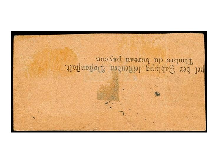 2 M. dunkelrotkarmin im waagerechten Paar, jeder Wert mit klarem Stempel "TSINTAU KIAUTSCHOU a 4.12.99" auf Postanweisungs-Br