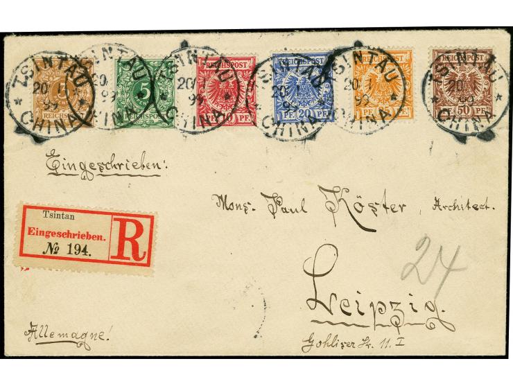 1898, Krone/Adler 3 Pfg. mittelbraun bis 50 Pfg. lebhaftrötlichbraun kpl. auf R-Brief von "TSINTAU CHINA ** 20.1.99" nach Lei