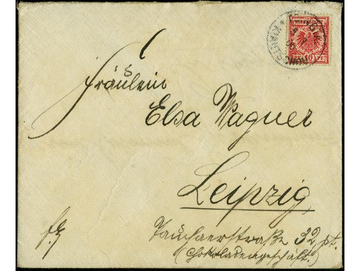 10 Pfg. lebhaftlilarot mit Stempel "TSINGTAU KIAUTSCHOU 5.3.00" auf doppelt verwendetem Bedarfsbrief (innen adressiert nach T