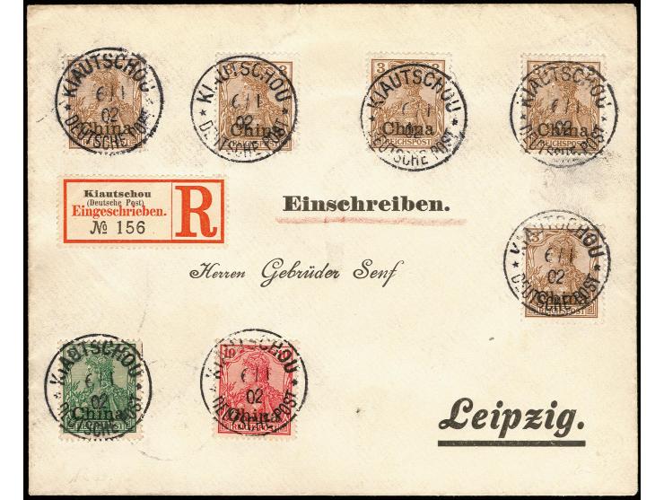 DP China 3 Pfg. dunkelorangebraun, 5 Einzelwerte sowie 5 Pfg. und 10 Pfg. als portogerechte Frankatur auf R-Brief von "KIAUTS
