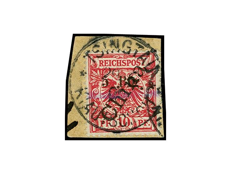 5 Pfg. auf 10 Pfg. mit violettem Strich und Aufdruck-Type 3 b (Feld 47), farbfrisch und gut gezähnt mit Stempel "TSINGTAU KIA