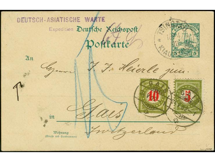 1901, Ganzsachenkarte 5 Pfg. mit Stempel "TSINGTAU KIAUTSCHOU ** 18.4." als unterfrankierte Auslandskarte mit Absender-Stempe