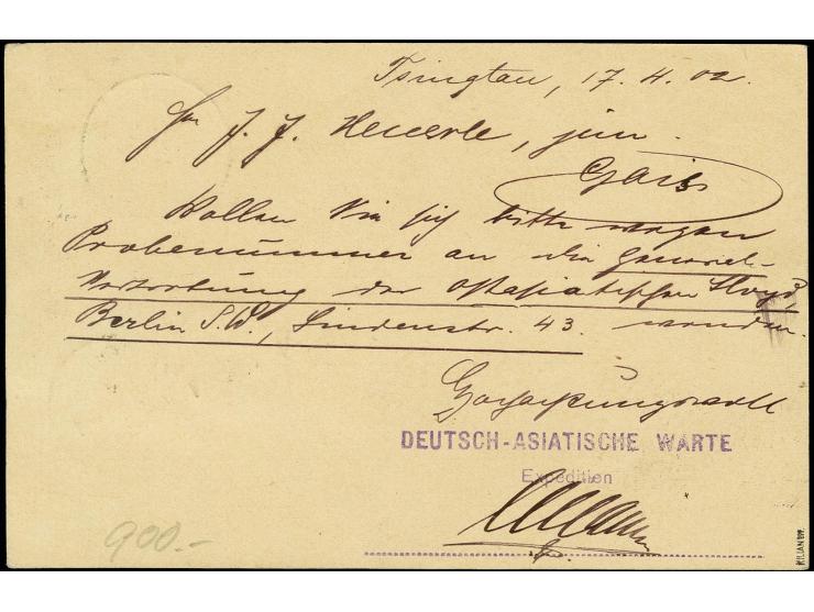 1901, Ganzsachenkarte 5 Pfg. mit Stempel "TSINGTAU KIAUTSCHOU ** 18.4." als unterfrankierte Auslandskarte mit Absender-Stempe