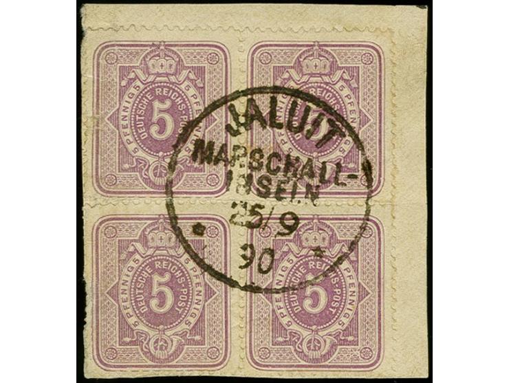 5 Pfg. violettpurpur im Viererblock mit klarem Stempel "JALUIT MARSCHALL-INSELN 25.9.90" auf Briefstück, die beiden linken Ma