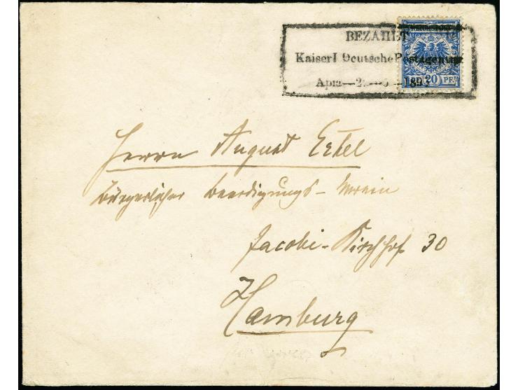 Krone/Adler 20 Pfennig ultramarin mit sauber aufgesetztem Notstempel "BEZAHLT / Kaiserl Deutsche Postagentur / Apia-2..-5-189
