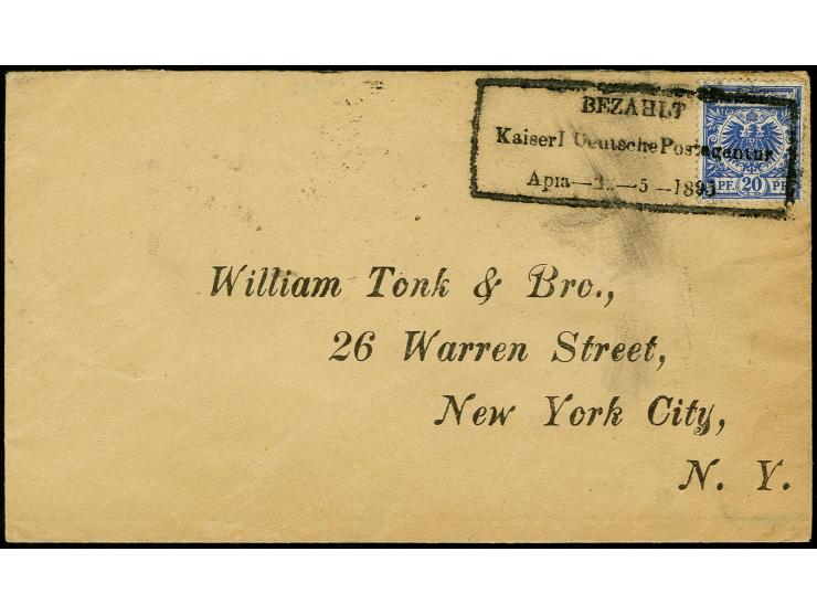 20 Pfg. violettultramarin mit Aushilfsstempel "BEZAHLT Kaiserl. Deutsche Postagentur Apia 3.5.95" via San Francisco nach New 
