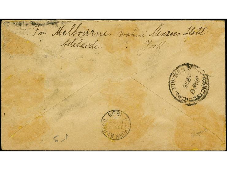 20 Pfg. violettultramarin mit Aushilfsstempel "BEZAHLT Kaiserl. Deutsche Postagentur Apia 3.5.95" via San Francisco nach New 