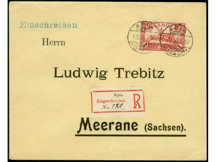 1 M. mit Stempel "APIA 5.12.06" auf überfrankiertem R-Brief mit seltenem Aushilfs-R-Zettel (Einfeld Type 7) nach Meerane mit 