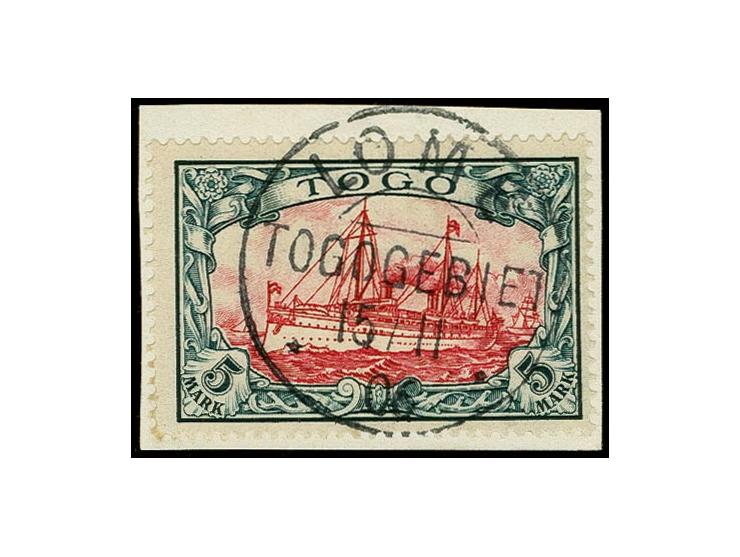 1900/19, Kaiseryacht 5 M., farbfrisch und gut gezähnt mit Stempel "LOME TOGOGEBIET 15.11.06" auf Briefstück, Kabinett, Fotoat