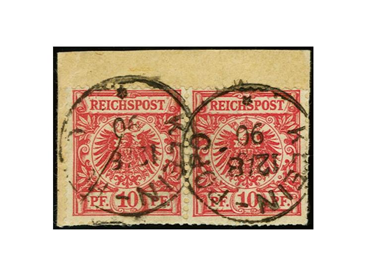 10 Pfg. rosarot im waagerechten Paar mit klarem Stempel "KLEIN-POPO 12.8.90" auf Briefstück, leichte Randklebung, Marken einw