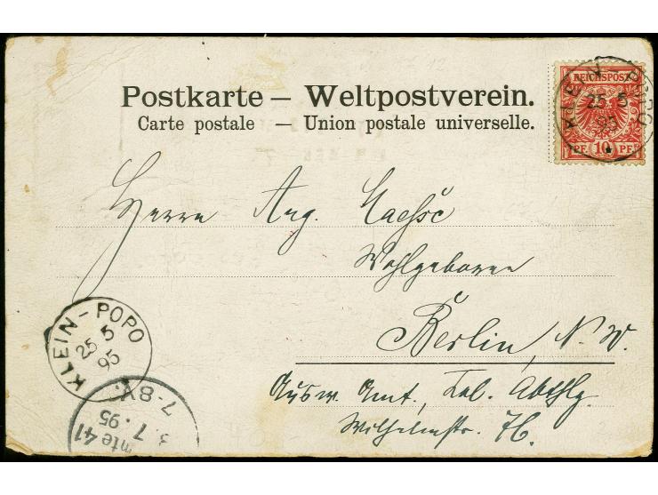 10 Pfg. mittel(karmin)rot mit Stempel "KLEIN-POPO 25.5.95" als portogerechte Einzelfrankatur auf Postkarte mit Text nach Berl