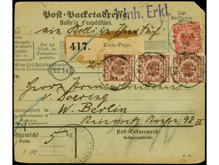 1889/1900, Krone/Adler 50 Pfg. im senkrechten 3er-Streifen und 10 Pfg. lebhaftrosarot je mit Stempel "KLEIN-POPO 30.11.94 auf