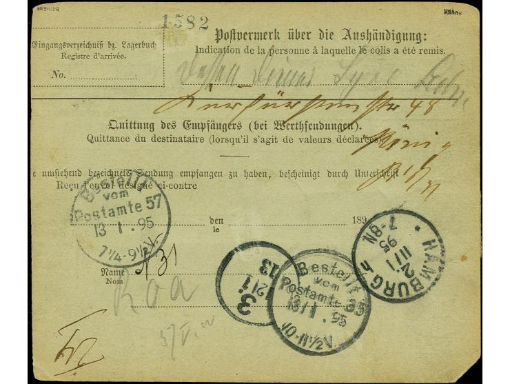 1889/1900, Krone/Adler 50 Pfg. im senkrechten 3er-Streifen und 10 Pfg. lebhaftrosarot je mit Stempel "KLEIN-POPO 30.11.94 auf