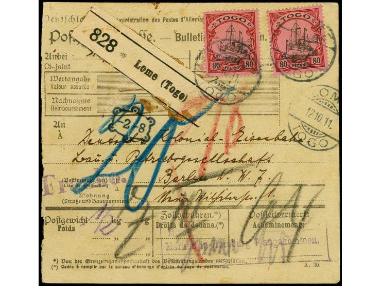 1900/1919, Kaiseryacht 80 Pfg., zwei Einzelwerte je mit Stempell "LOME TOGO 12.10.11" auf Paketkarte via Hamburg nach Berlin 