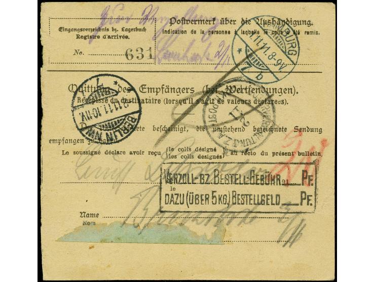 1900/1919, Kaiseryacht 80 Pfg., zwei Einzelwerte je mit Stempell "LOME TOGO 12.10.11" auf Paketkarte via Hamburg nach Berlin 